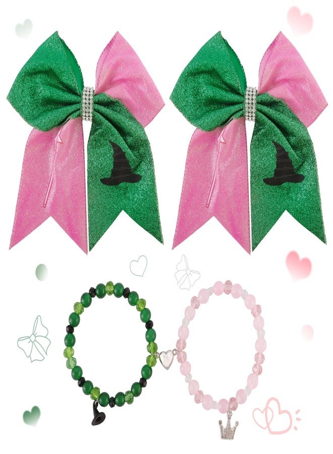 CUBACO 4Pcs Wicked Friendship Hair Accessories Matching Wicked Bracelets Set Pink and Green Hair Bows for Women Rhinestone Jewelry Bracelets Musical Movie Fans Decor Birthday Party Favor Supplies - Image 1